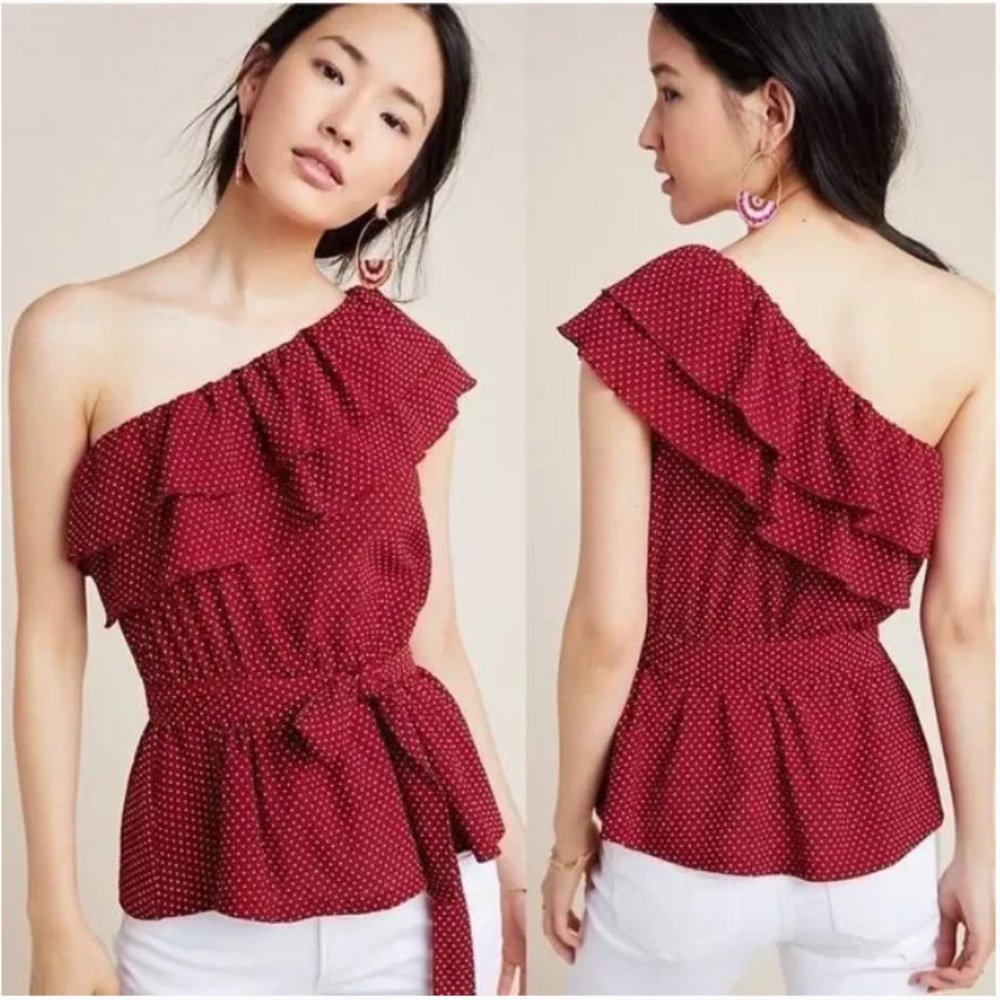 Anthropologie Maeve Rita one shoulder ruffle peplum top red white dot NWT XS
